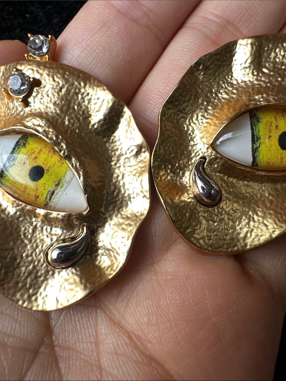 Gold Textured Eye Drop Earrings with Yellow Accent - Picture 7 of 7